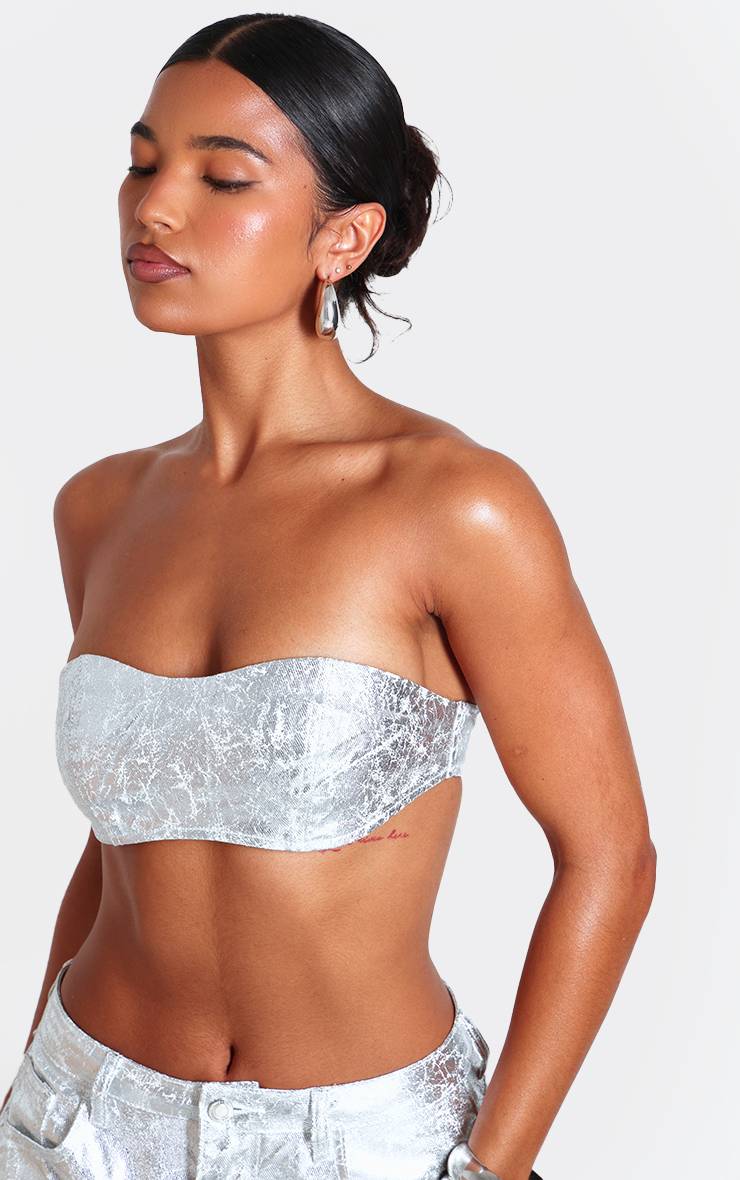Argenté Top Bandeau En Denim Effet Craquelé Enduit