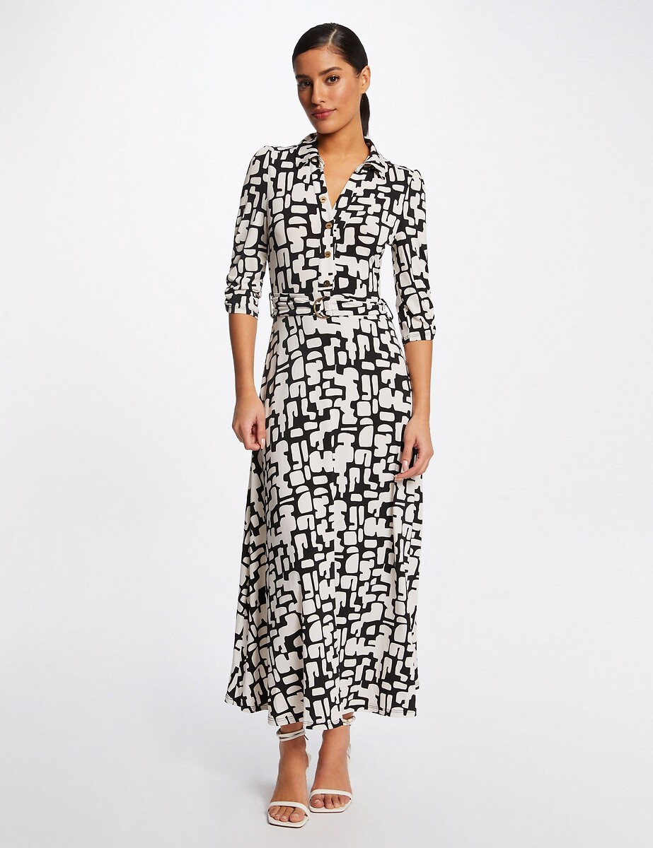 MORGAN<br>Vestido longo e evasê, estampa abstrata