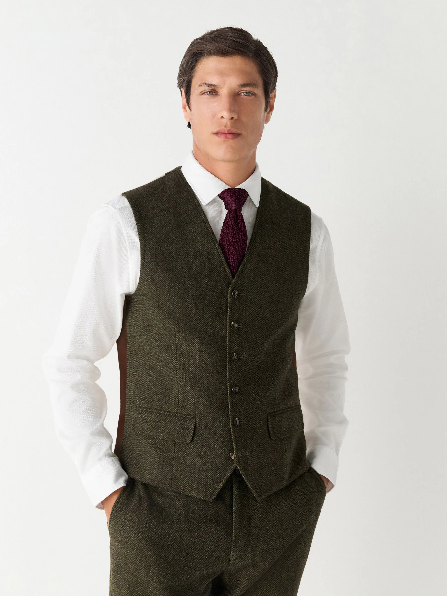 Groen - Herringbone Wool Blend Suit Waistcoast