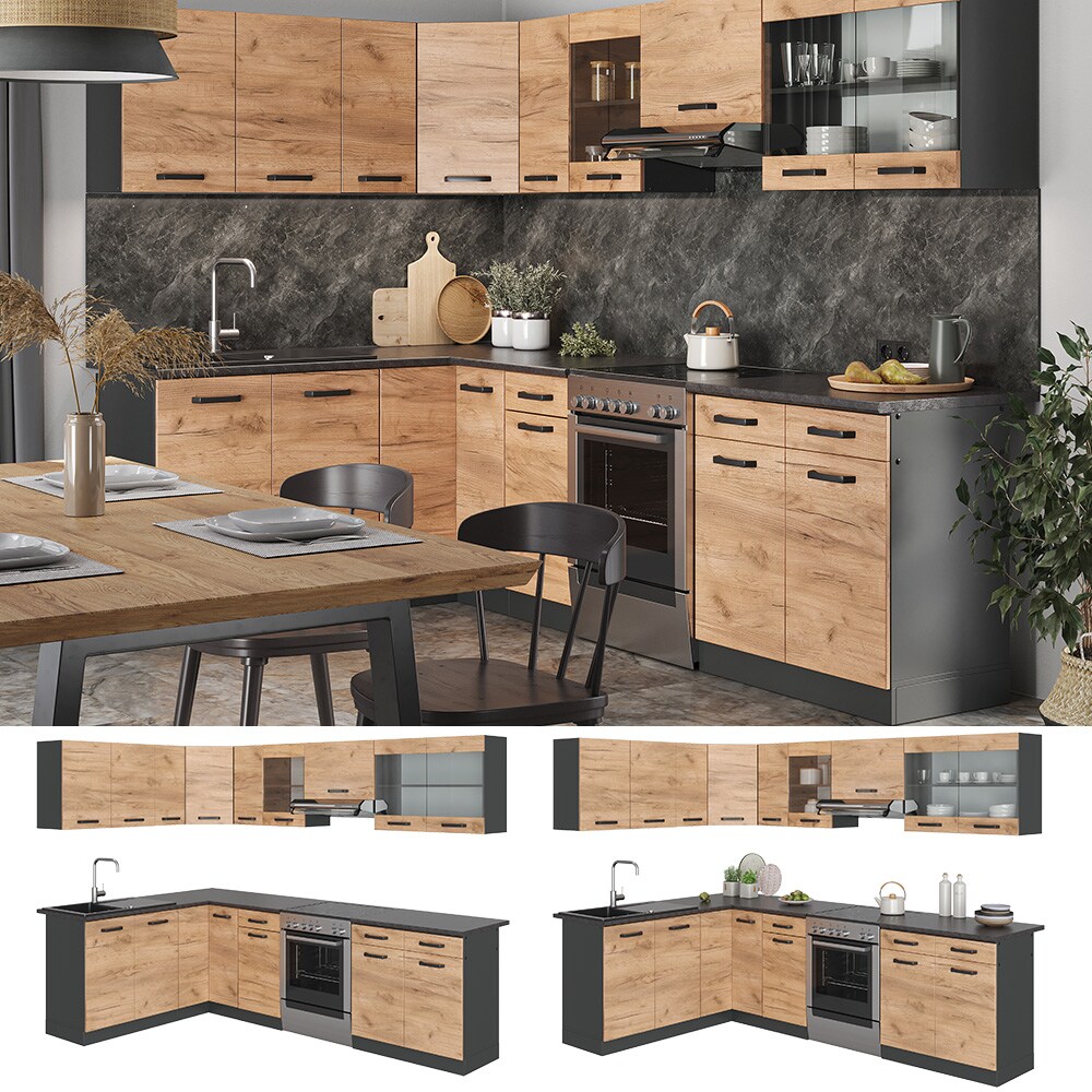 Vicco Eckküche Küchenblock Einbauküche Rick Anthrazit Eiche 270 cm modern Küchen Schränke Spülenunterschrank Eck-Unterschrank Eck-Hängeschrank Arbeitsplatte Küchenmöbel Küchenzeile L-Küche