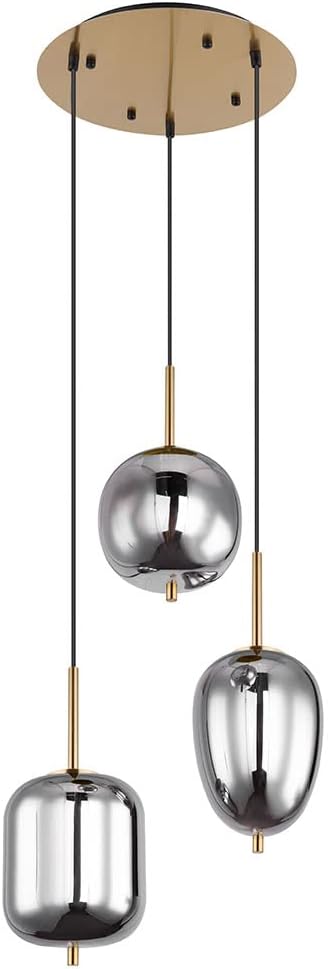 3 flammige Pendelleuchte BLACKY Rauchglas Kugellampe mit 46cm Lampenbaldachin Messing