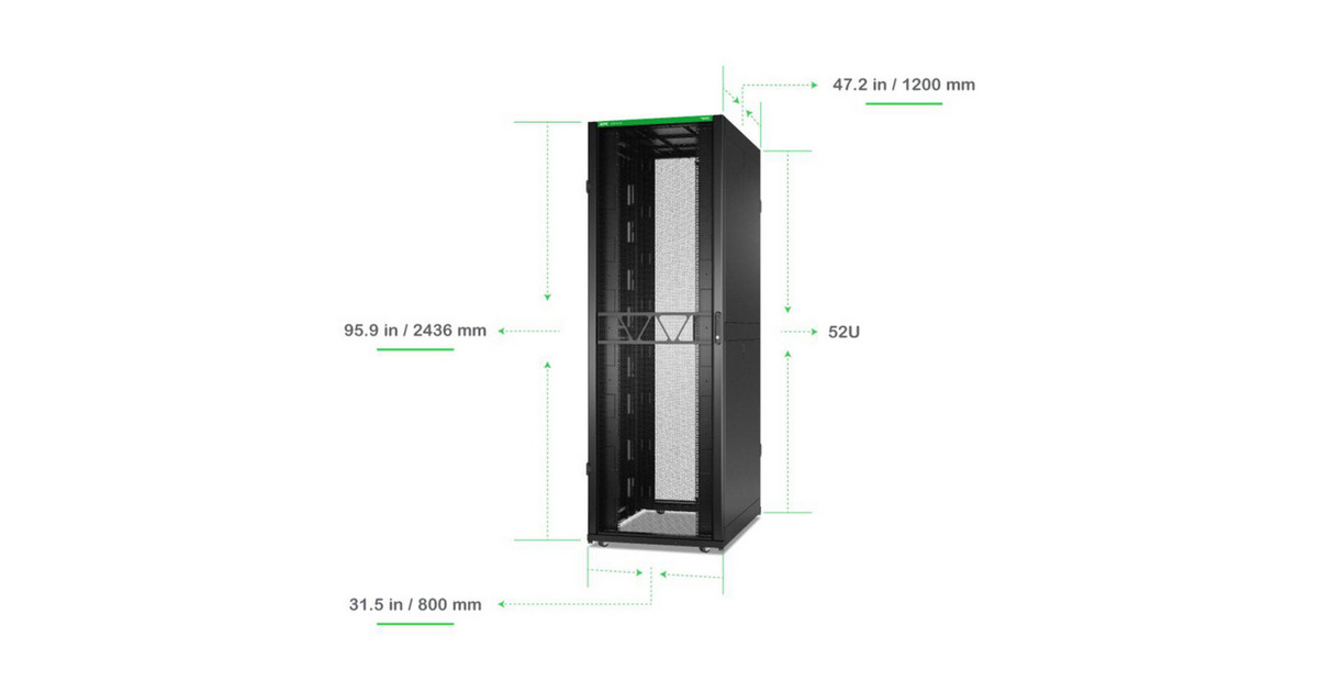 APCNetShelter SX AR3388B2, Gen 2, 52U server rack  (Zwart/groen, 2436H x 800B x 1200D mm, met zijkanten)