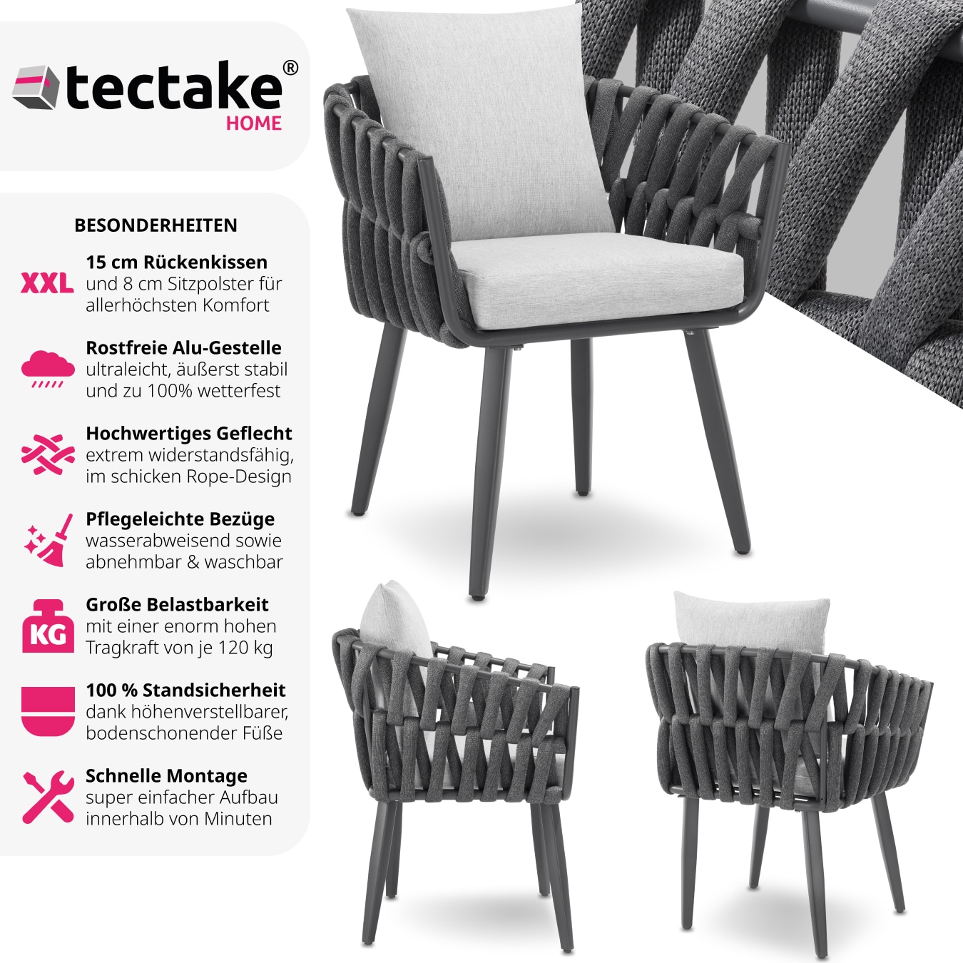 tectake® 2er Set Stuhl, mit Aluminiumgestellen, im Rope-Design, höhenverstellbare Kunststofffüße, 61 x 60 x 73 cm