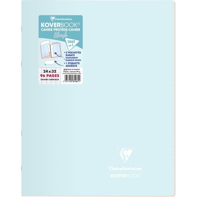 Cahier piqué Koverbook Blush 24x32cm 96 pages grands carreaux couverture polypropylène opaque bicolore Couleur aléatoire. - Assortis