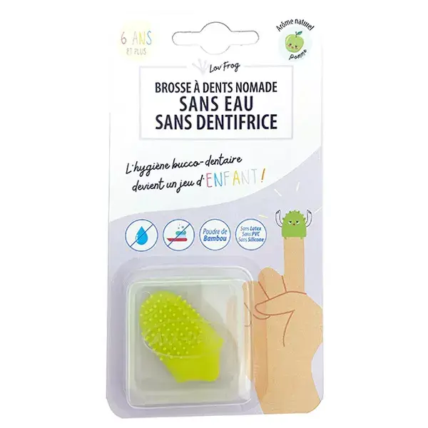 Escova de dentes portátil infantil Lov'FROG, de bambu e maçã verde.