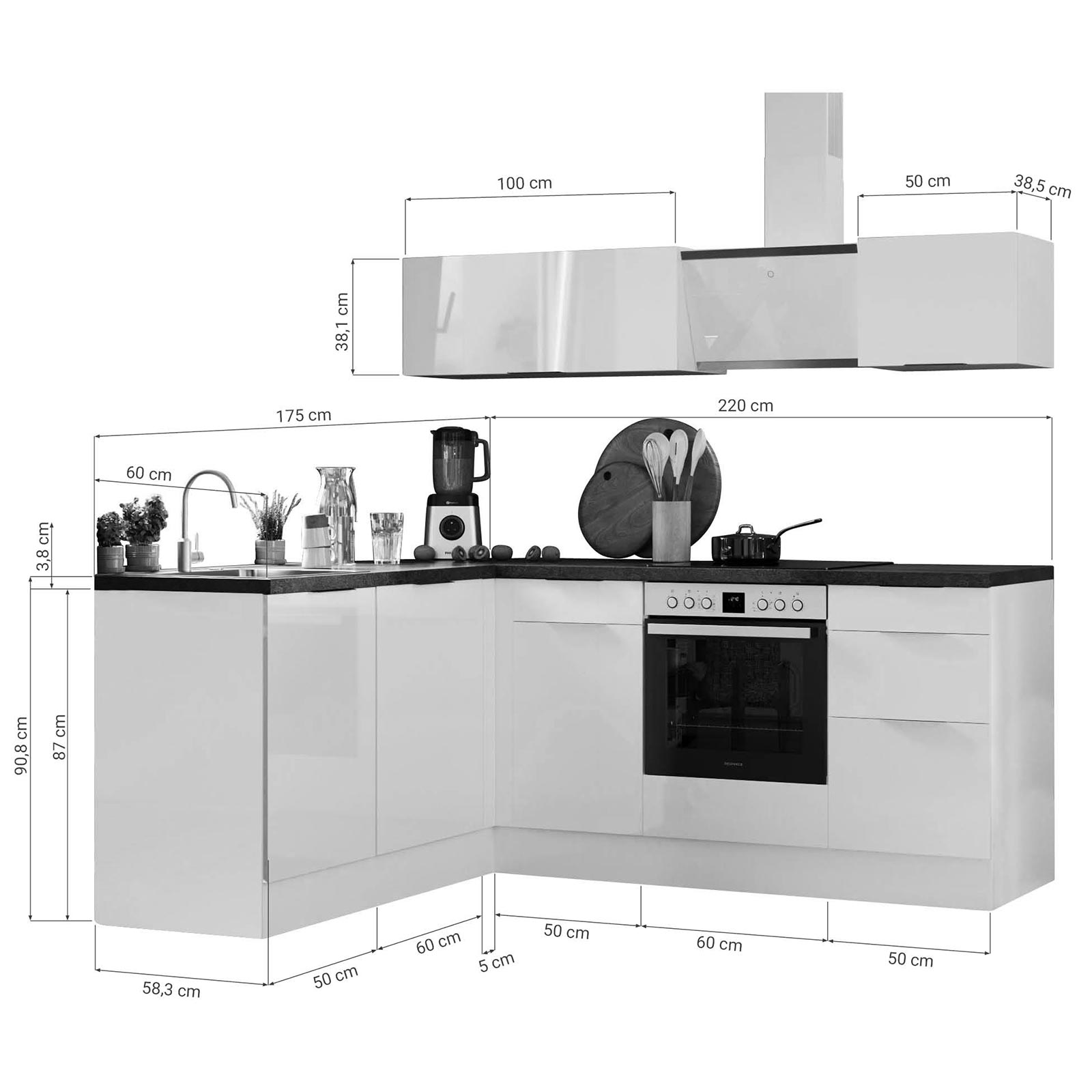 RESPEKTA Winkelküche - grau matt - weiß matt - mit E-Geräten - 220 cm
