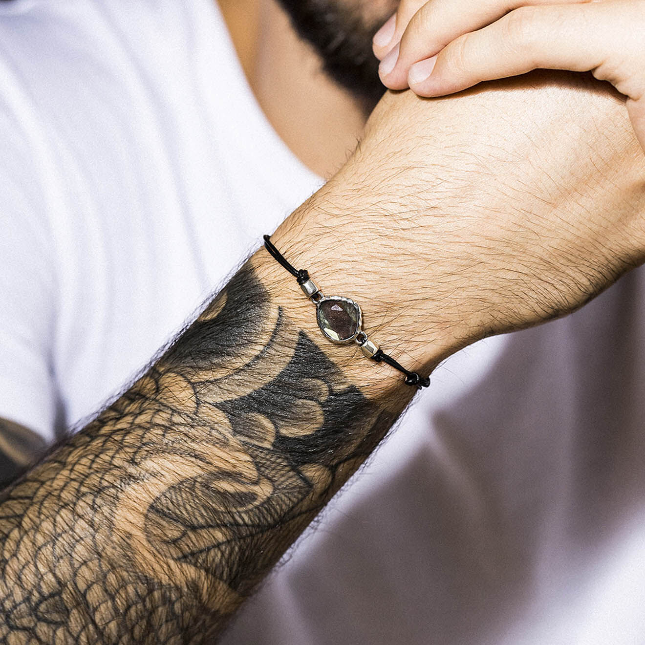 Rockstone Bracelet Mathias en Argent, Cuir & Labradorite grise