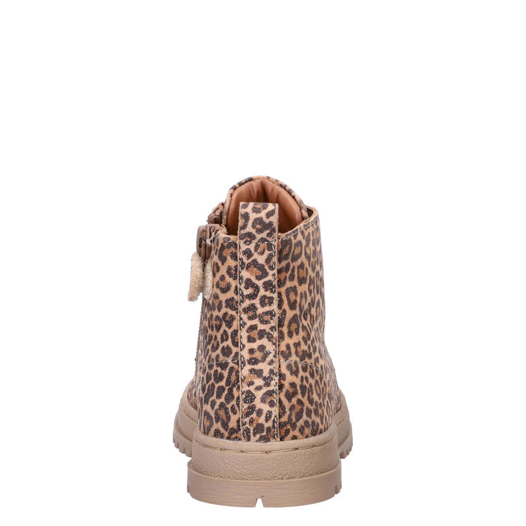 Nelson Kids nubuck veterboots met panterprint brons cognac/zwart