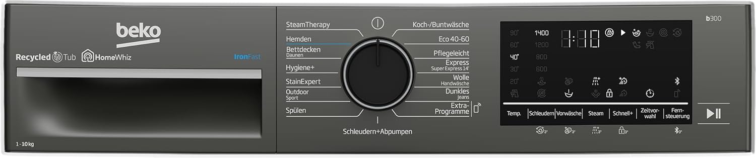 Beko B3WFT59415M Waschvollautomat, Waschmaschine, 9kg, 1400 U/min, SteamCure Dampffunktion, allergikergeeignet, AddXtra-Nachlegefunktion, Ironfast, AquaWave-Schontrommel, Bluetooth-Steuerung, Grau