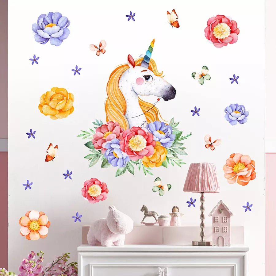 Nikima Wandtattoo 161 Einhorn mit Blumen Regenbogen in 6 vers. Größen bunt