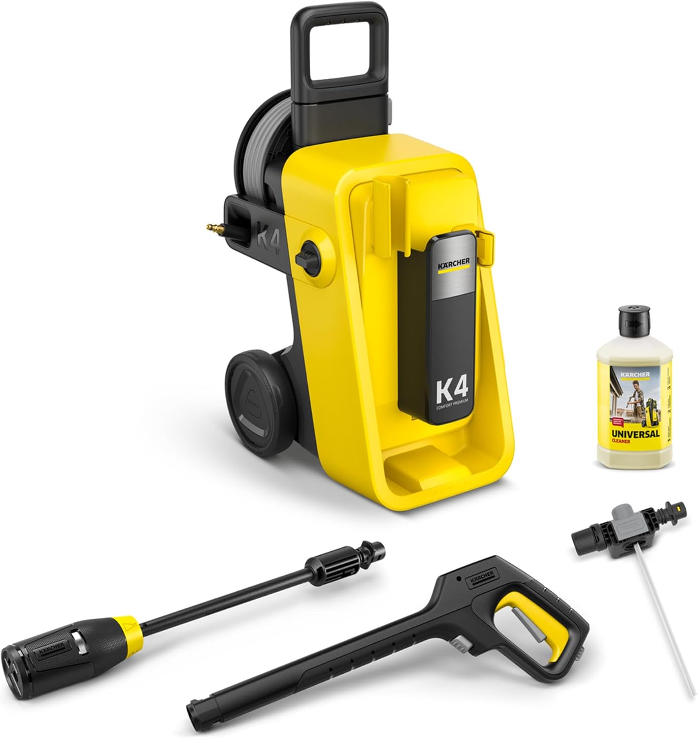 Kärcher Hochdruckreiniger K 4 Comfort Premium, Druck: max. 130 bar, Fördermenge: 420 l/h, Fläche: 30 m²/h, Gewicht: 17 kg, extra Flexibler Hochdruckschlauch, Schlauchtrommel, 4-in-1 Multi Jet