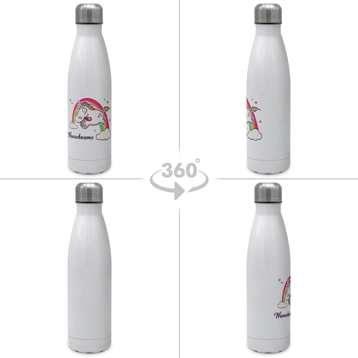 Thermo-Trinkflasche mit Namen, 500 ml, weiß (Motiv: Einhorn)