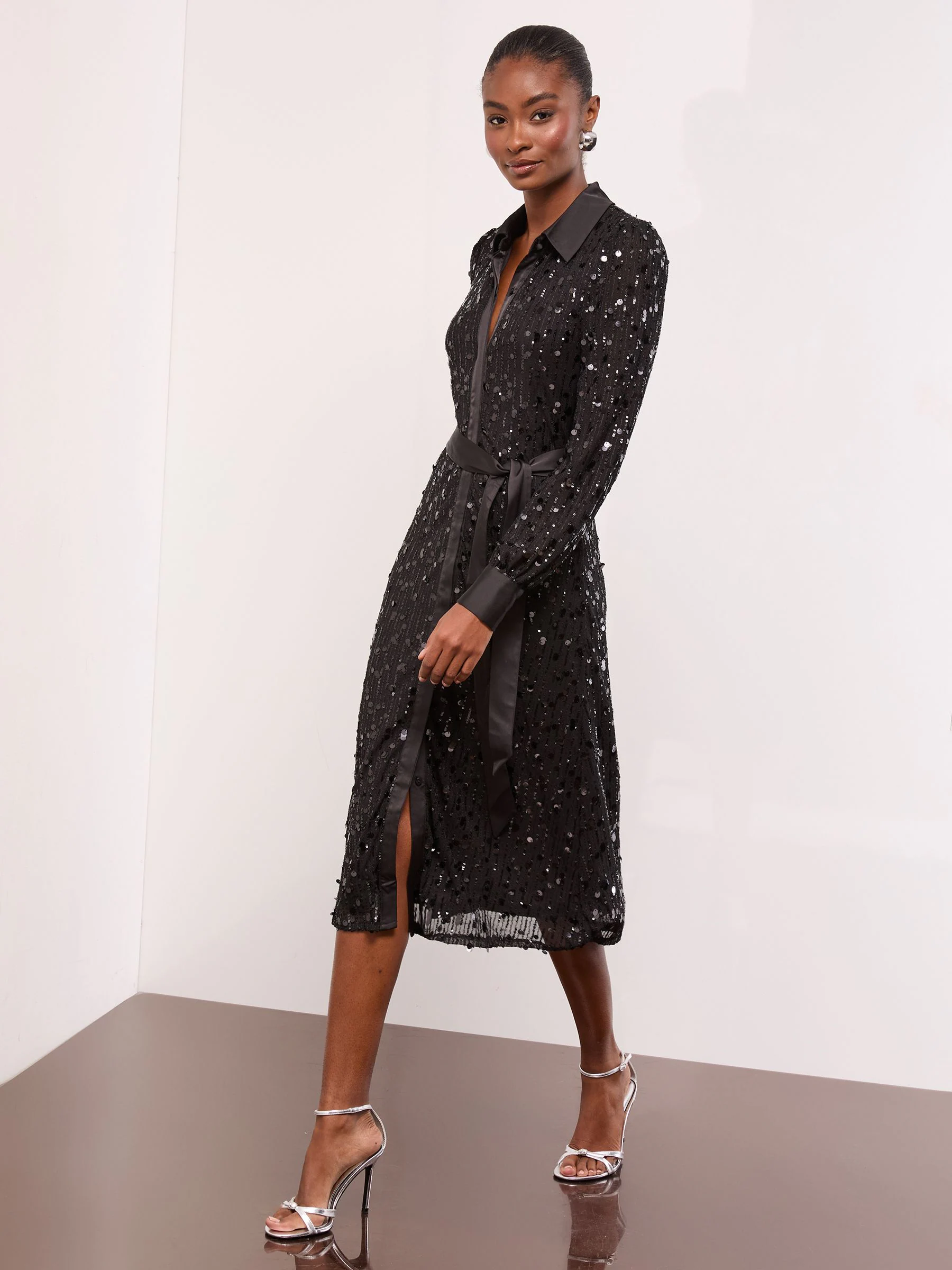 Lipsy Sequin Long Sleeve Belted Shirt Dress