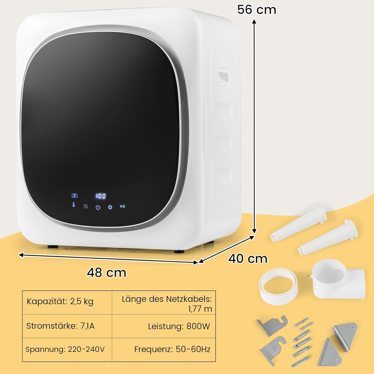 COSTWAY Mini Wäschetrockner 5KG, bis zu 69℃, LED Touch-Screen, Ablufttrockner mit Desinfektion & Desodorierung & Überhitzungsschutz, Mehrfachfiltration, 4 Temperaturen und 6 Timer, 800W