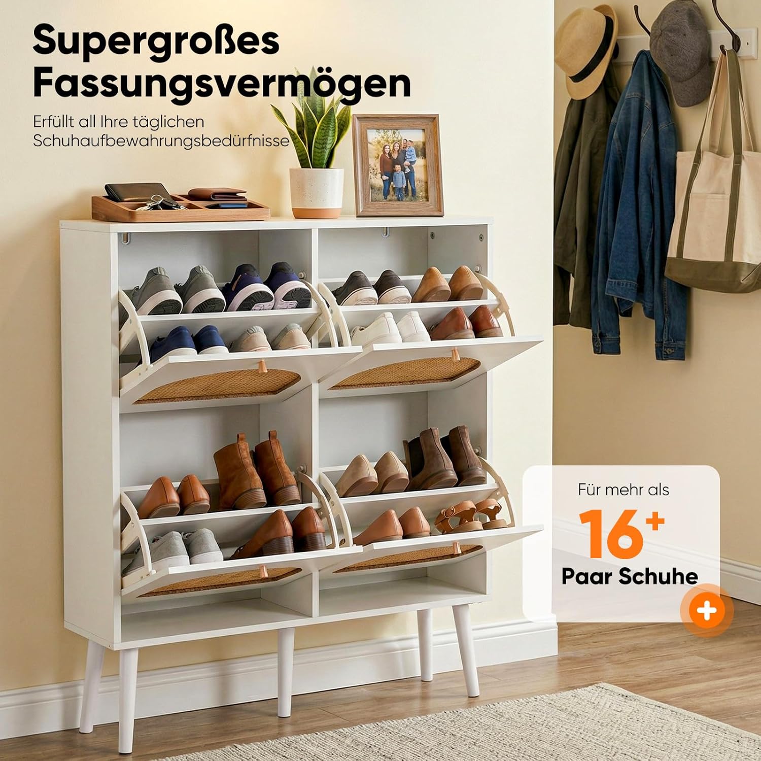 HOKEEPER Schuhschrank Schmal, Schuhregal mit 4 Klappen, Schuhkipper mit Verstellbar, Shoe Cabinet Holz, Schuhablage Schuhkommode für Eingang, Wohnzimmer, Flur, 105x24x80cm, Rattan