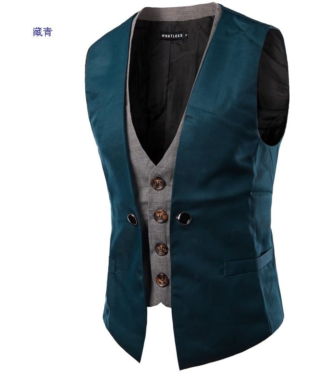 Fireon - V-hals imitatie tweedelig vest met geruite afwerking en enkele rij knopen