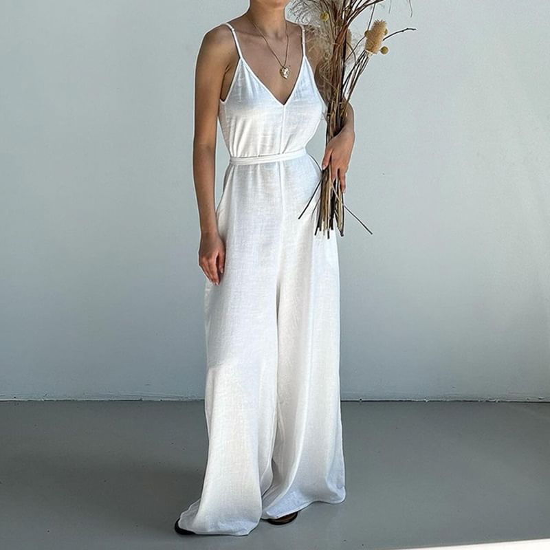 Honet - Spaghettibandjes V-hals Effen Jumpsuit