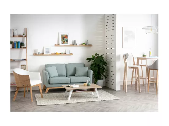 Canapé scandinave déhoussable 2 places en tissu vert lagon et bois clair OSLO