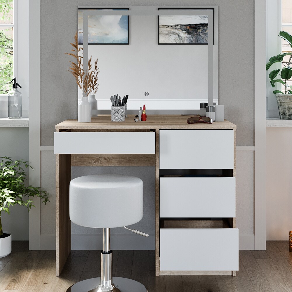 Vicco Schminktisch Sherry Sonoma Weiß 90 x 75 cm LED-Spiegel & Hocker modern