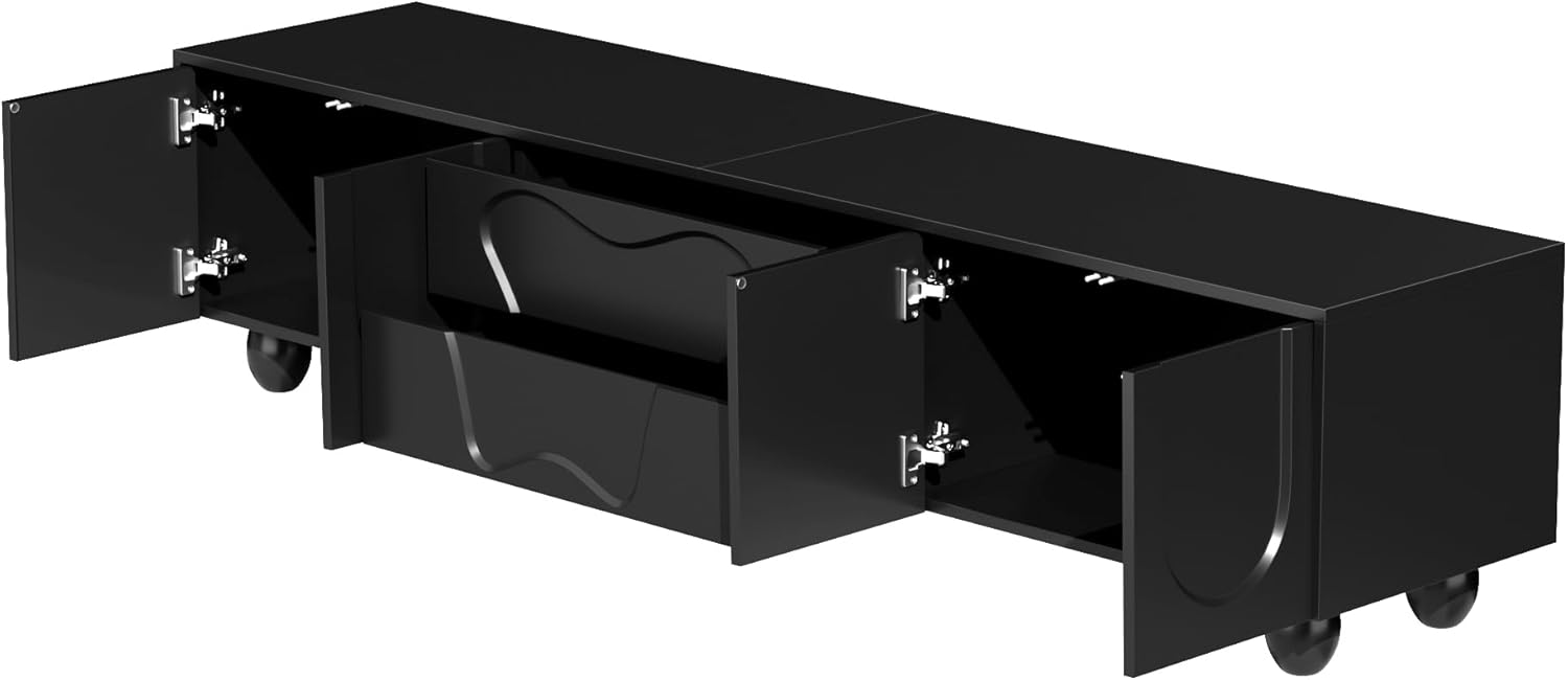 Merax TV-Schrank 180x40x42 cm, mit Holzbeinen, Moderner Fernsehtisch mit großem Stauraum, Schubladen und offenen Fächern, für Wohnzimmer, Schwarz