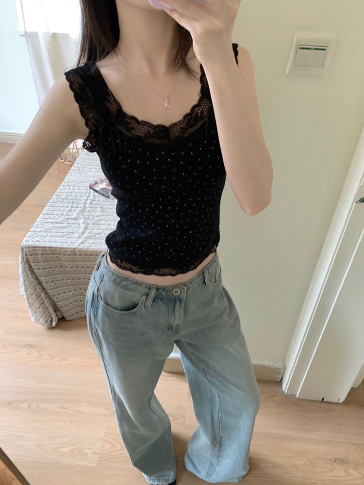 Jesong - Slim fit crop top met ronde hals, strikaccent en kantafwerking
