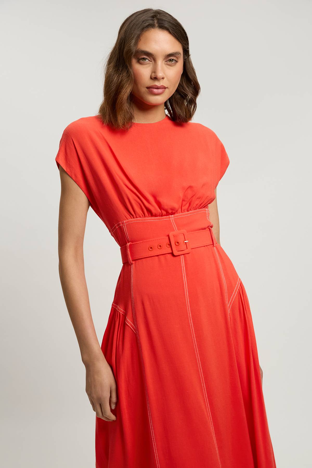 KarenMillen Robe Midi Ceinturée À Surpiqûres Contrastées