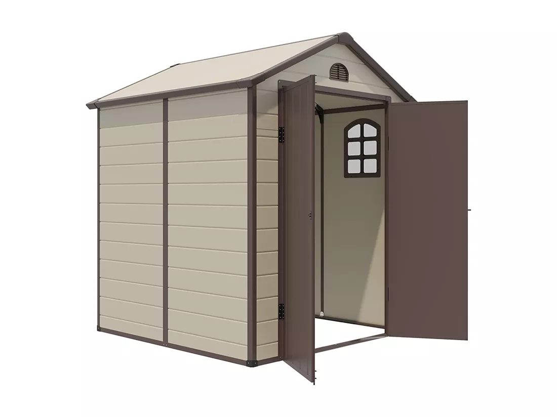 Abri de Jardin Extérieur 6.2 m³ avec Porte Verrouillable, Abri de Jardin PVC 3.1㎡ avec 2 Fenêtres, Toit en Pente, Cadre en Acier, Rampe pour Vélos, Outils, Cabane pour Jardin, Terrasse, Patio