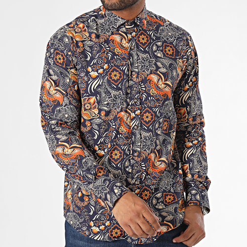 Chemise Manches Longues Bleu Marine Orange Floral