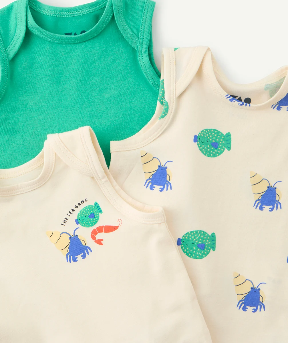 lot de 3 bodys bébé en coton bio vert et écru thème poisson
