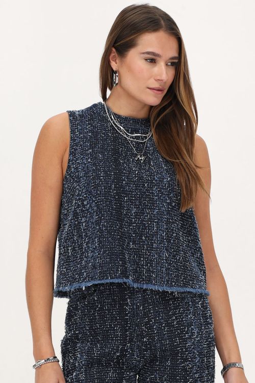 Donkerblauwe bouclé denim top met strikjes