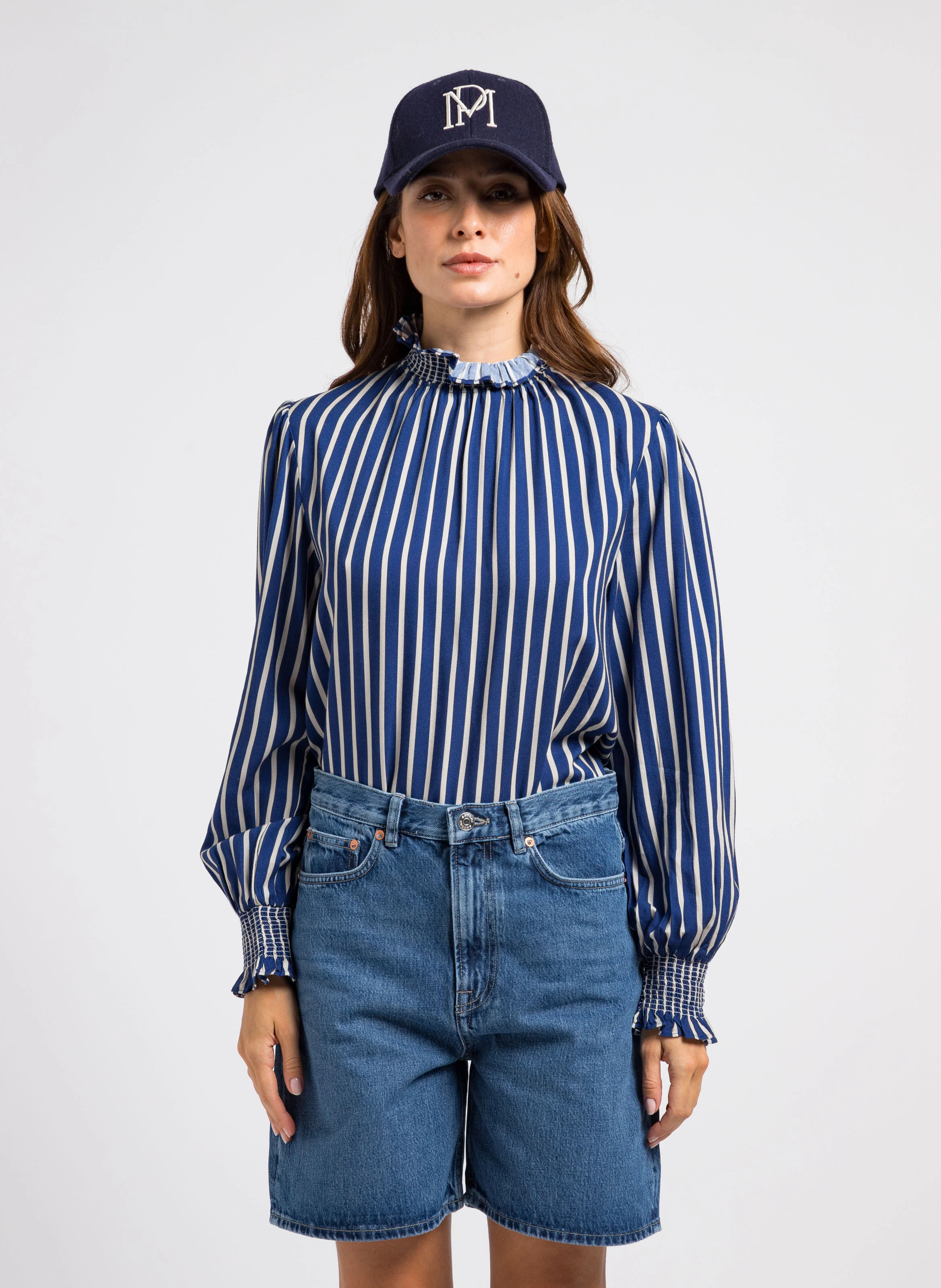 TONIA - Blouse à volants rayée | Bleu