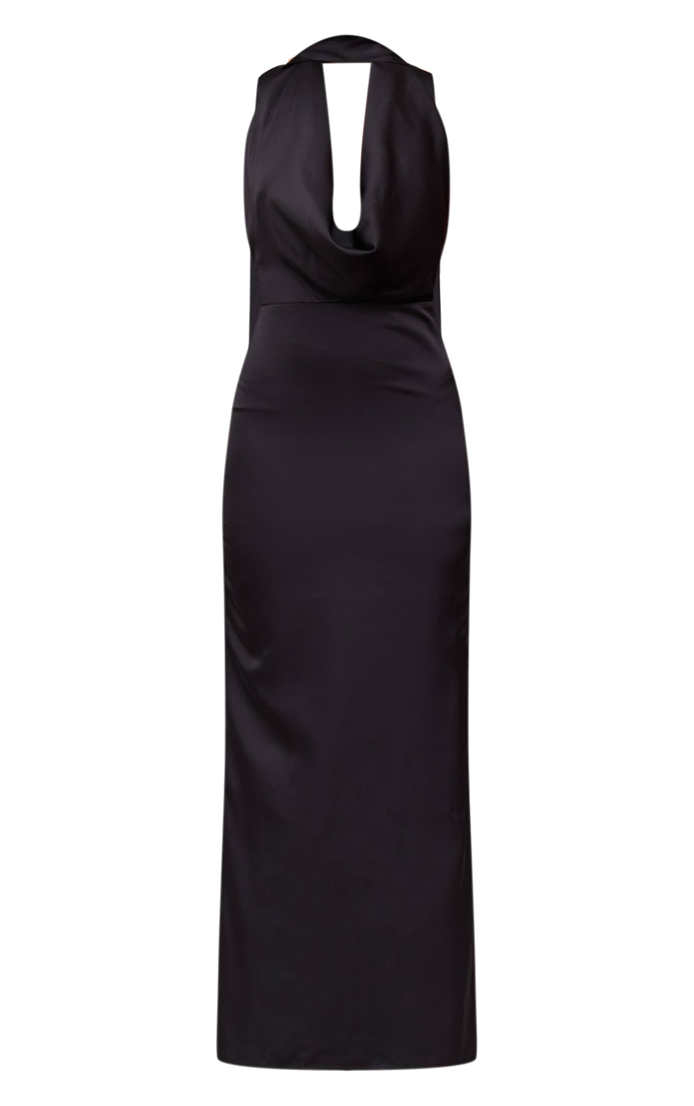 Noir Robe Longue Drapée En Satin À Col Bénitier