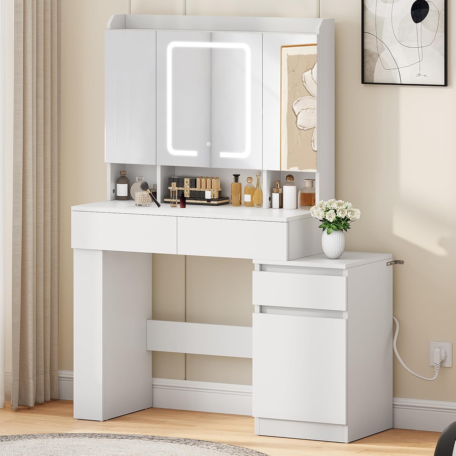 YITAHOME Schminktisch mit Spiegel und Schubladen und verstellbaren Fächern, moderner Frisiertisch für Schlafzimmer und Make-up, Haartrocknerhalter Weiß