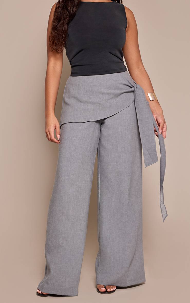 Gris Pantalon Large Taille Haute Ajusté Avec Ceinture Nouée