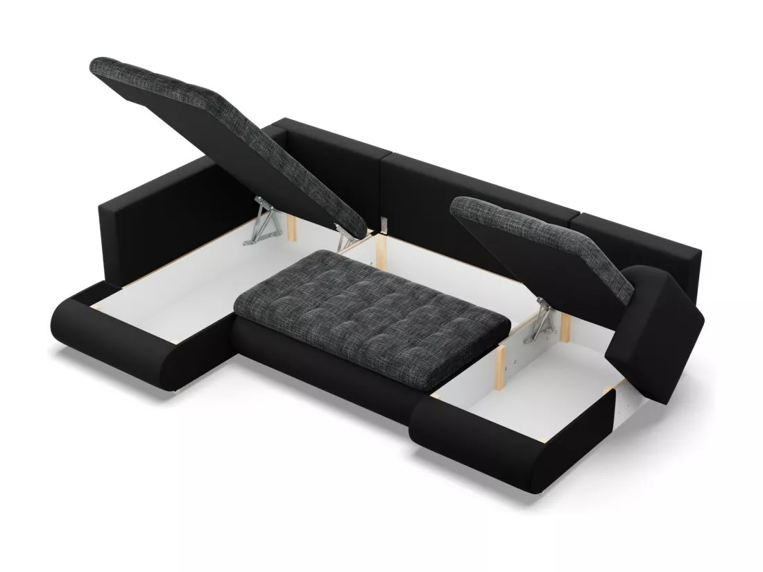 Canapé d'angle en U avec fonction sommeil, Ottoman, Noir + Noir