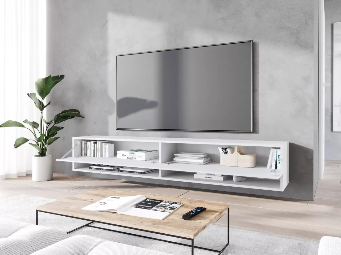 Meuble TV - 180 cm - blanc avec façade à motif ondulé - sans LED - WANDER