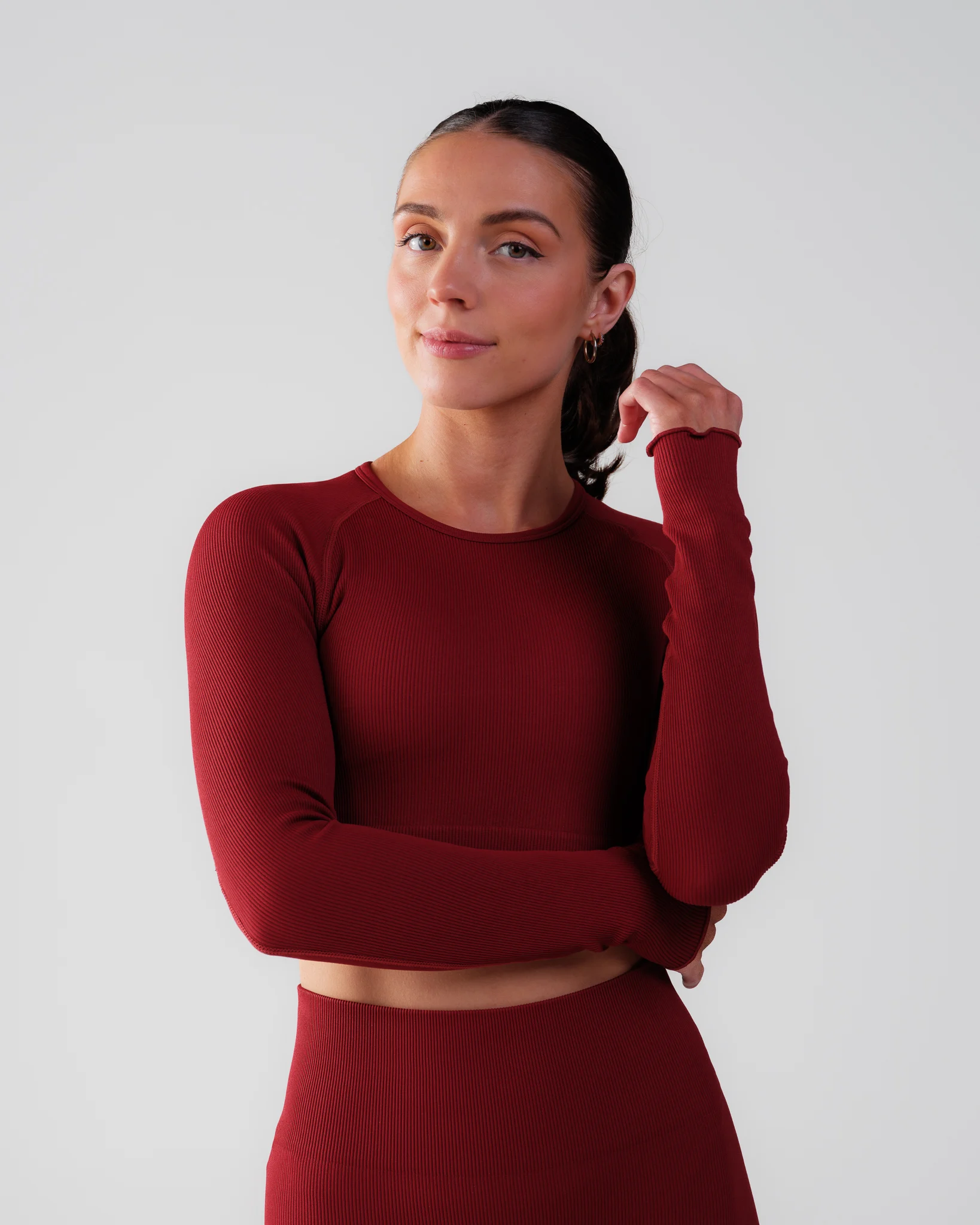 Bumpro Perfect Rib Frill Crop Long Sleeve Wine
