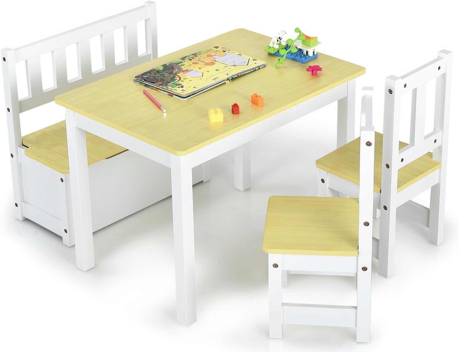 DREAMADE Kindetisch mit 2 Stühlen, Kindersitzgruppe aus Holz mit 22L Strauraum, Kindertruhenbank Kindermöbelset Holzsitzgruppe für Kinderzimmer, Spielzimmer, Wohnzimmer, Natur