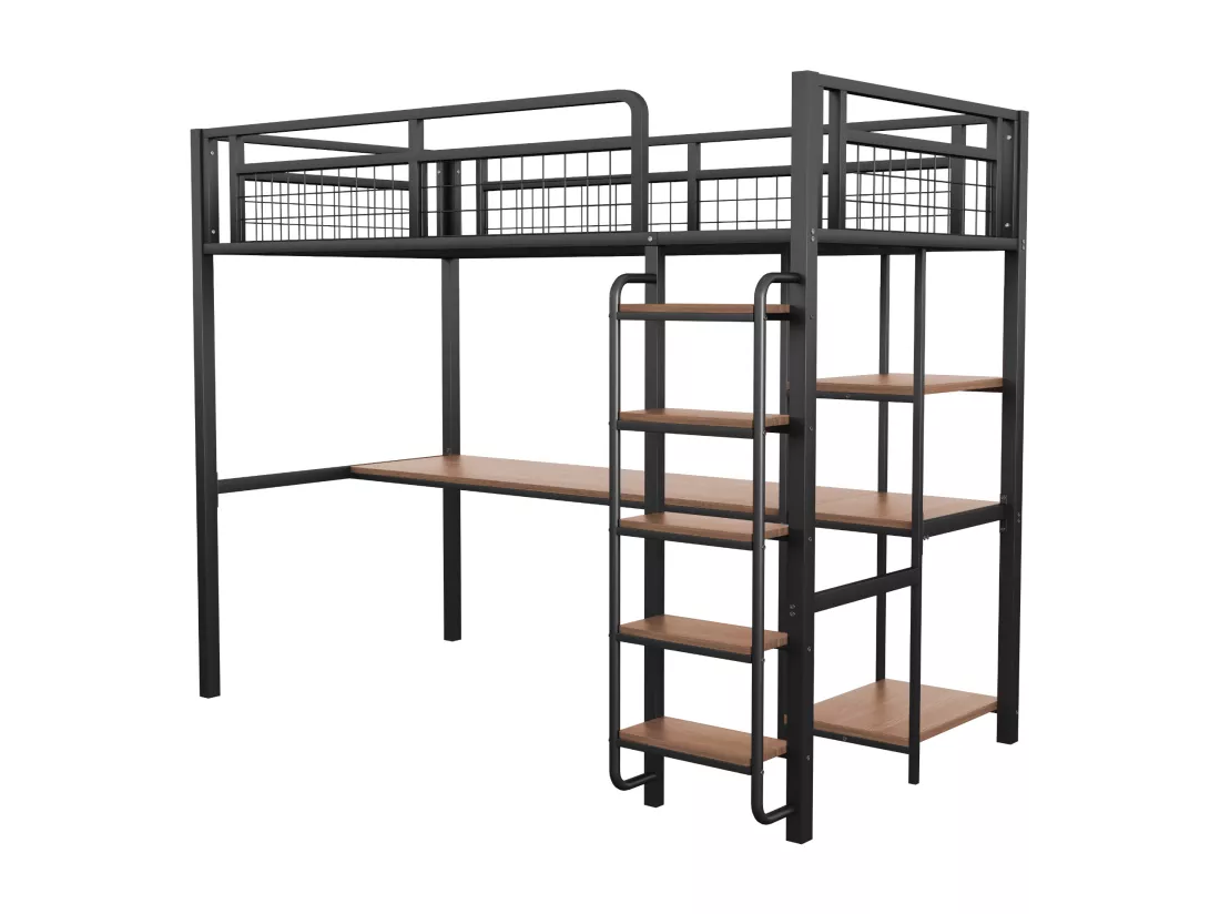Lit mezzanine en métal 90x200 cm - avec bureau et échelle de sécurité - Noir