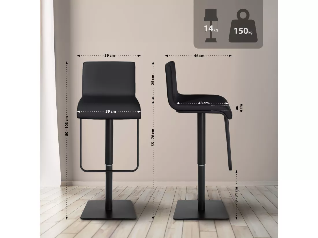 Lot de 2 Tabouret de bar - Similicuir & Noir - Noir - Limon