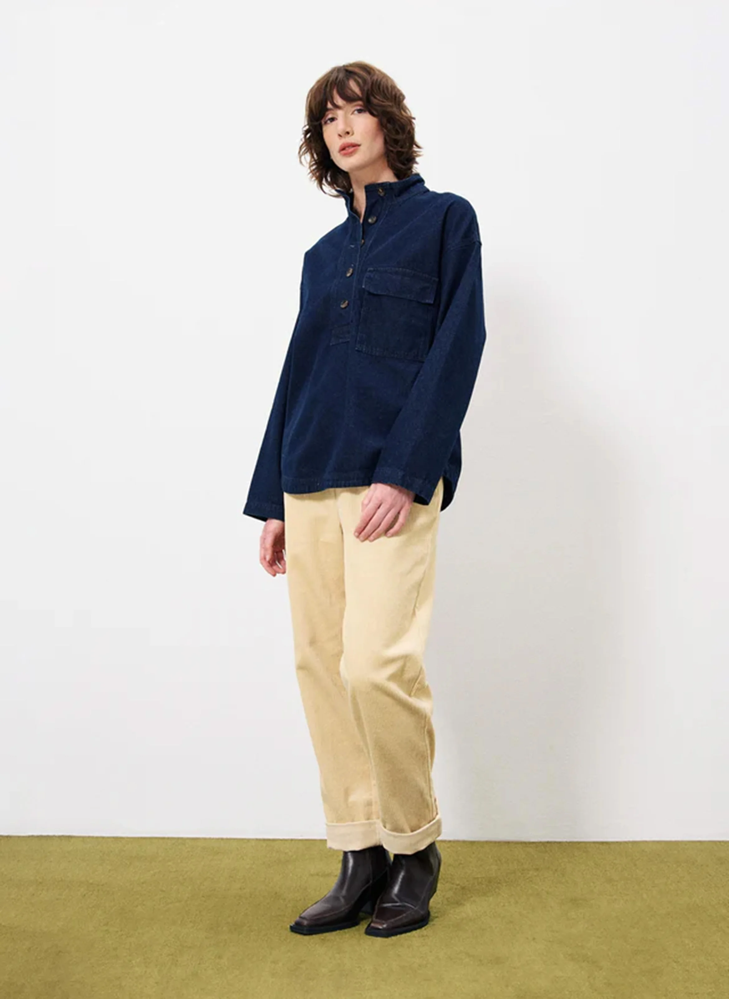 SOLAINE - Top col montant en denim de coton | Bleu