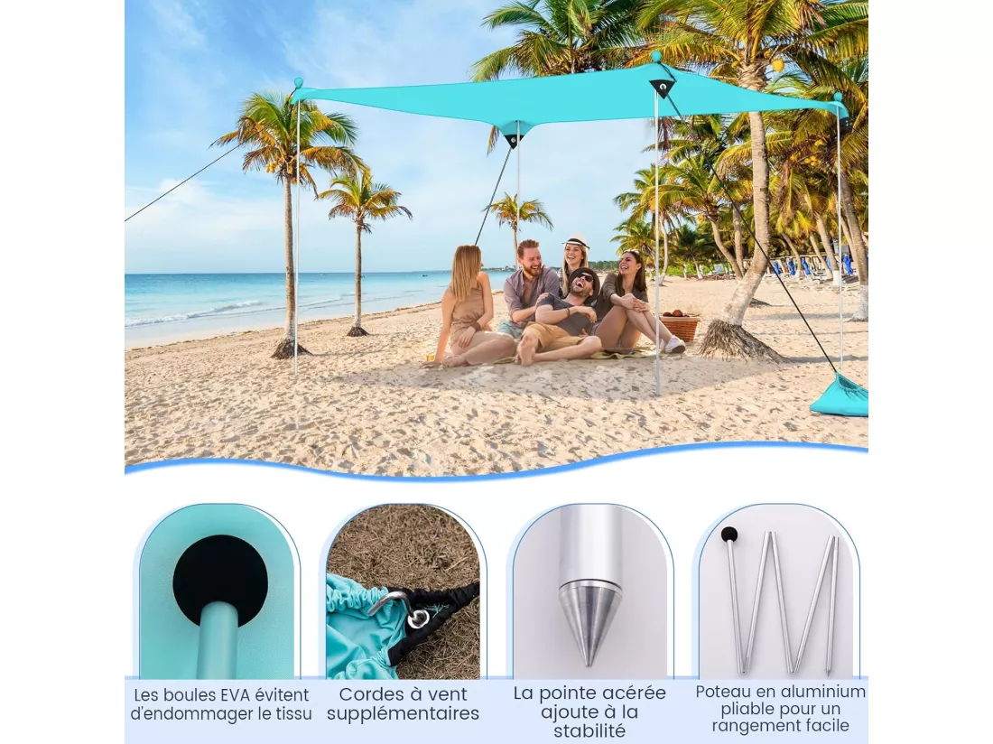 Tente de Plage Portable 3 x 3 M Anti UV UPF50+, Abris Solaire de Plage avec 4 Sacs pour Sable Piquets de Sol 2 Poteaux Sac de Transport, Idéal pour Plage Camping Pêche (Vert)