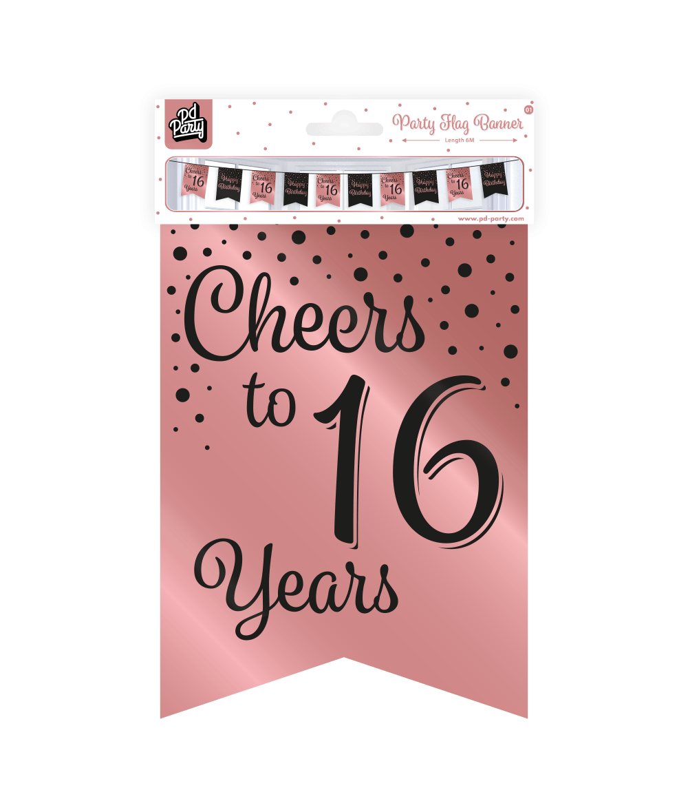 Banner 16 Jaar Roze Zwart 6m