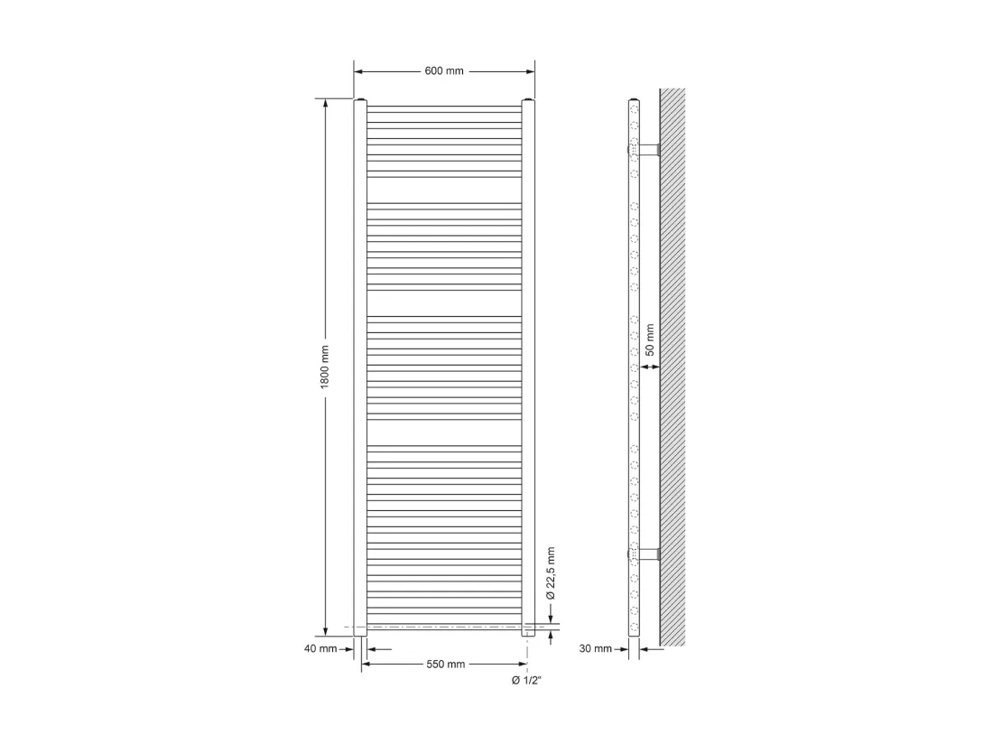 Radiateur de salle de bain Sahara Raccord latéral sèche-serviettes Blanc 60x180cm