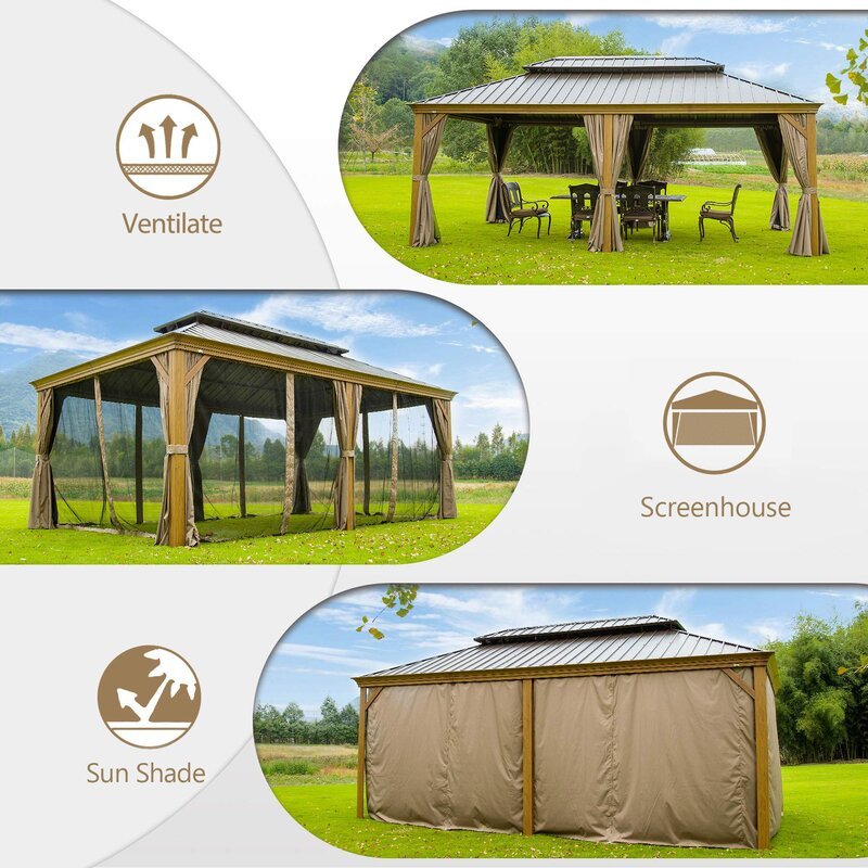 Gazebo de pátio Cavus em aço galvanizado, 6 m de largura x 3,6 m de profundidade