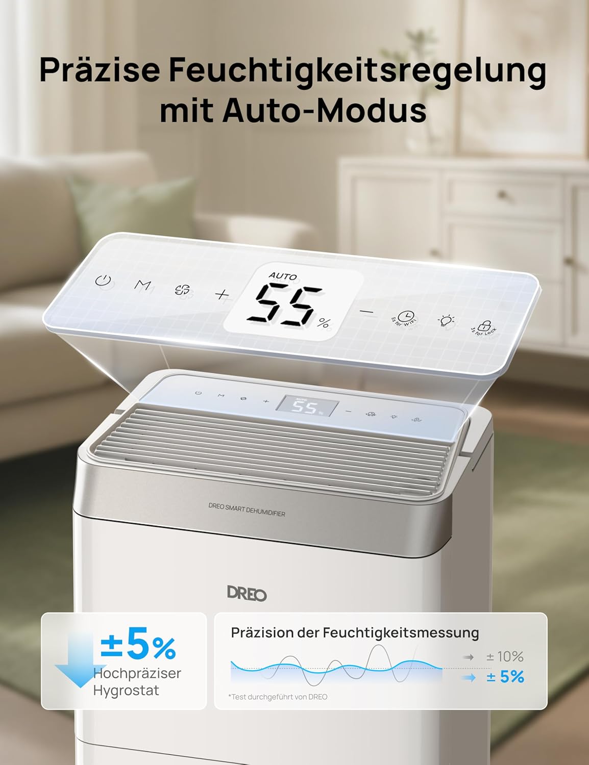Dreo Luftentfeuchter elektrisch, App & WLAN, 20L/24h, Raumentfeuchter leise 35dB, 40m²/100m³, Entfeuchter energiesparend, 3 Modi, 3,4L Tank, Wäschetrockner & 24h Timer, für Schlafzimmer & Bad & Keller