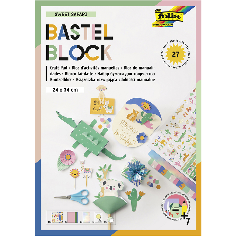 Folia Bastelblock Sweet Safari, 24 x 34 cm, assortiert, 27 Blatt