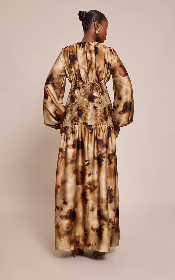 Vert Robe Longue À Taille Froncée Et Manches Longues Imprimé Abstrait