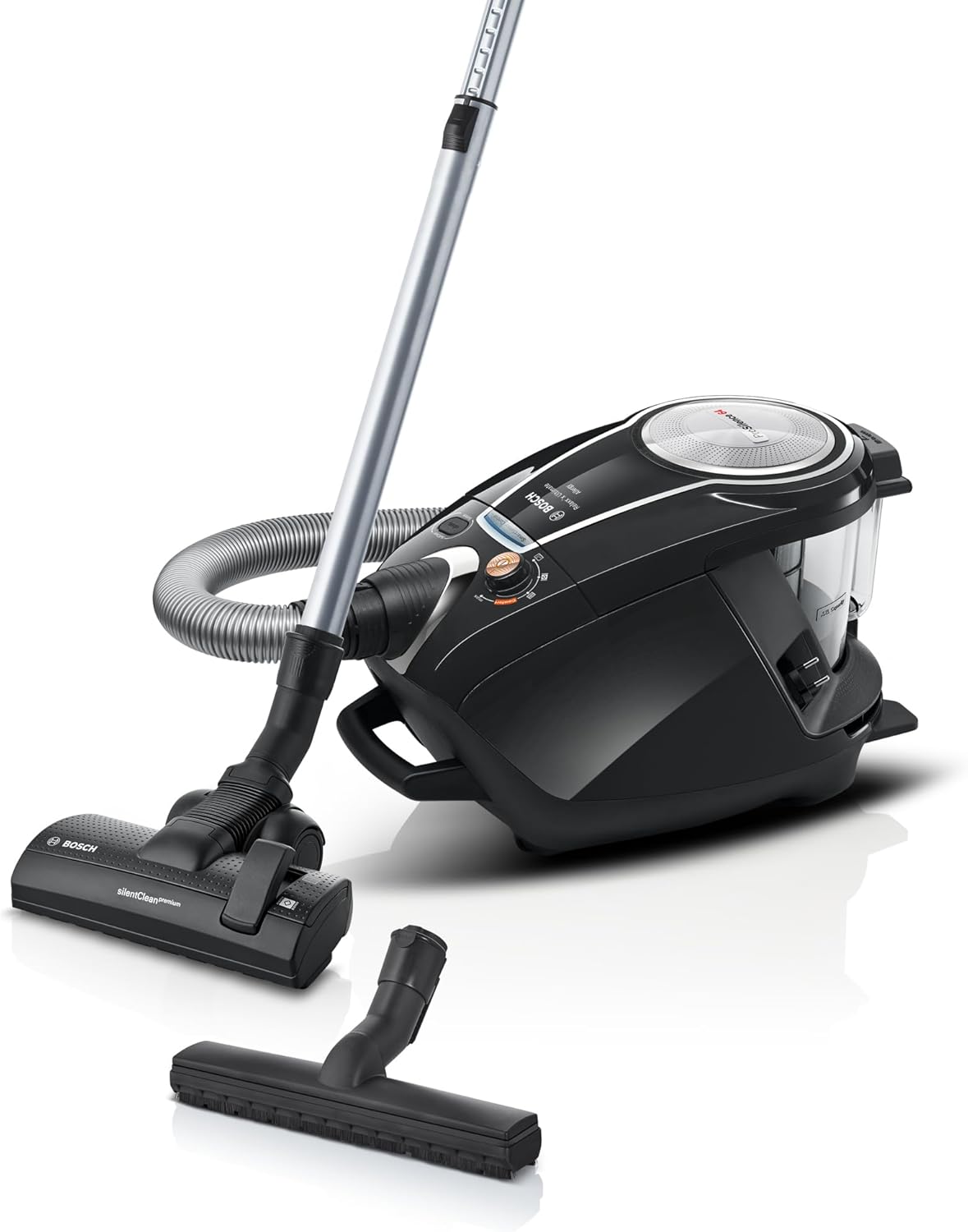 Staubsauger beutellos ProSilence Serie 8 BGS7MS64, Bodenstaubsauger, leise, Hygiene-Filter, Bodendüse für Parkett, Teppich, Fliesen, Starke Saugleistung, langes Kabel, 800 W, schwarz