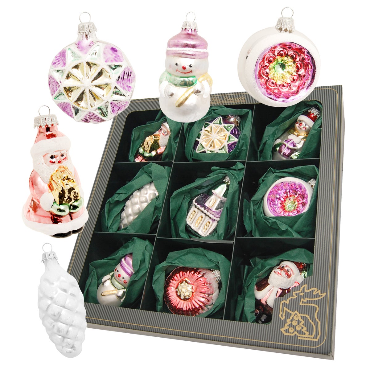 Assortiment glaswerk, retro figuren en vormen (nostalgische kerst), pasteltinten, 9 stuks, 6-8 cm, 9 st., Kerstboomballen, Kerstboomversieringen, Kerstboomornamenten